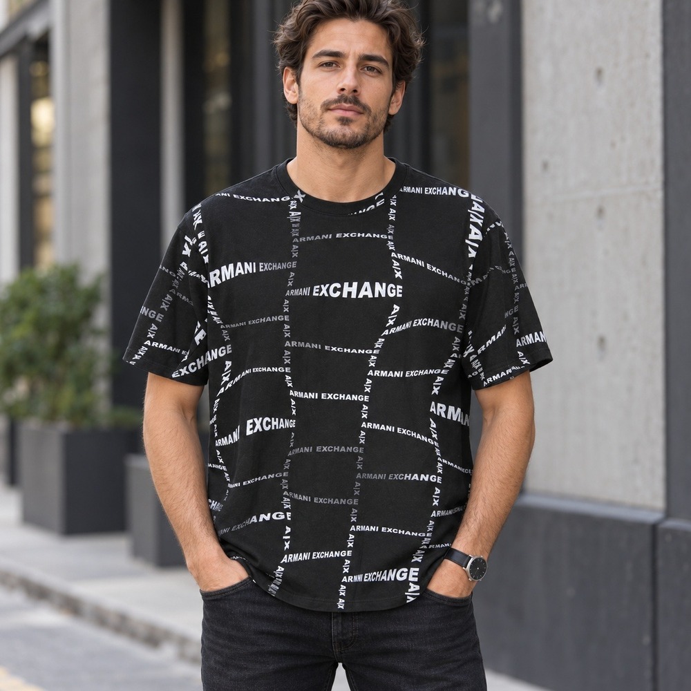Armani Exchange Mens Black Silver All Over Logo Print T-Shirt Crew Neck
